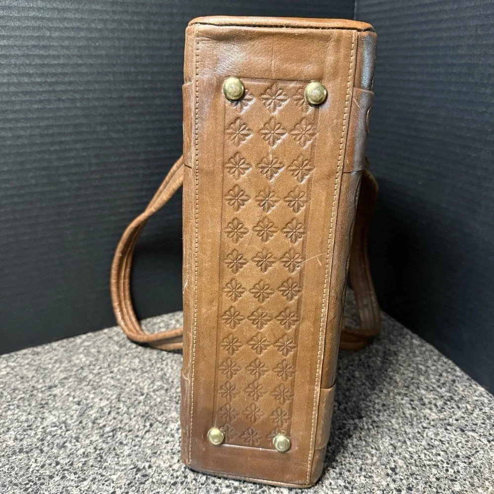 Vintage 80s Flores Bags Genuine‎ Leather Hand Tooled Satchel Purse Goat Mexico